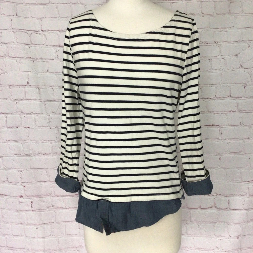 Per Se Anthropologie Striped 3/4 Length Sleeve Chambray Top - Size Medium